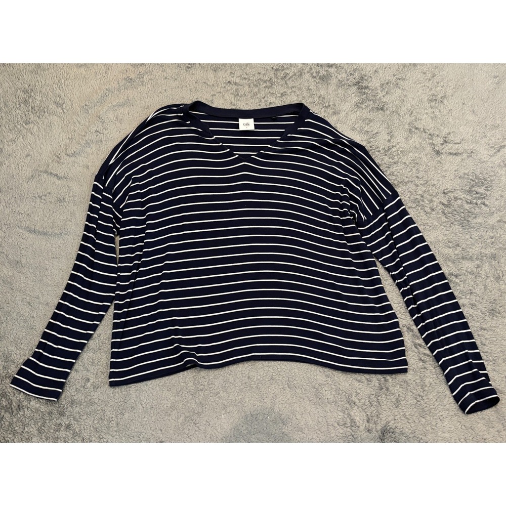 CAbi Ahoy Navy White Striped V-Neck Long Dolman Sleeve Top #5556 Size Small